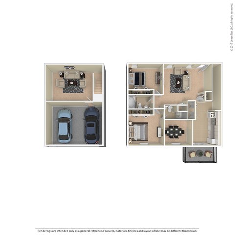 A floor plan of a two-bedroom apartment with a garage.